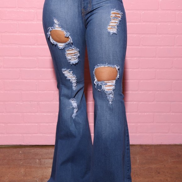 SwankPosh Denim - Poster Distressed High Rise Flare Jeans - Mid Wash